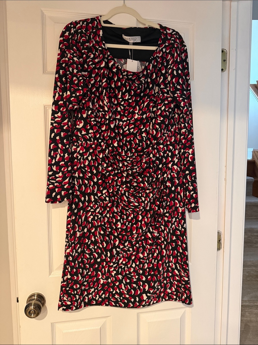 Kasper Black Red Cream Long-Sleeve Ruched Sheath Dress